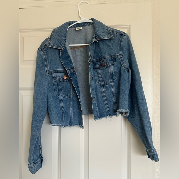 Victoria Secret PINK Denim Jean Jacket Womens Small Crop Button Long Sleeve Blue - Picture 1 of 5